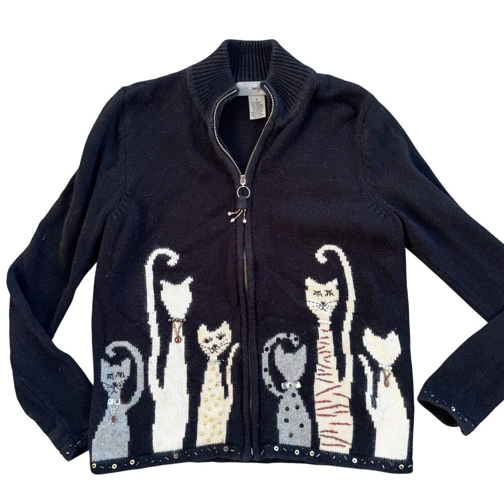 Vtg 1990s DESIGNERS ORIGINALS Cat Beaded Full Zip Sweater Size Small